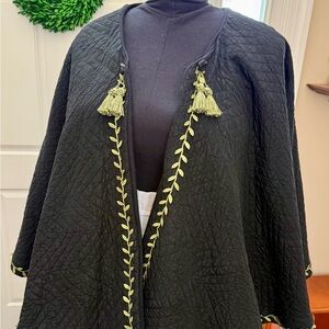 Handmade Black Quilted Cape with Green Tassel Trim